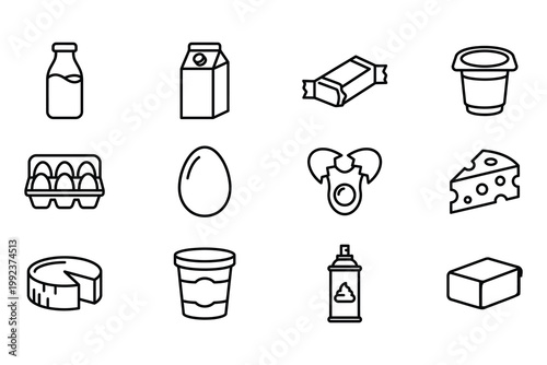 Handdrawn black and white line icons of dairy products and grocery items collection