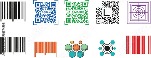 Barcode and QR Code Vector Icon Set with Linear Barcode, QR Code, Data Matrix, Circular Target, and Hexagon Scanner for Retail, Technology, and Digital Tracking Design