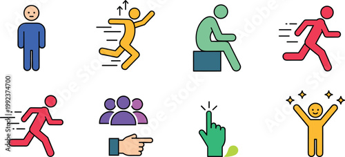 Colorful Human Action and Activity Vector Icon Set with Standing, Running, Jumping, Sitting, Pointing, Group, and Celebration Pose for App, UI, and Sport Design