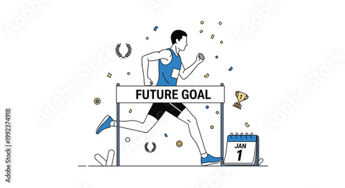 A determined male athlete in blue sportswear leaps over a hurdle labeled Future Goal while surrounded by celebratory confetti and achievement icons.