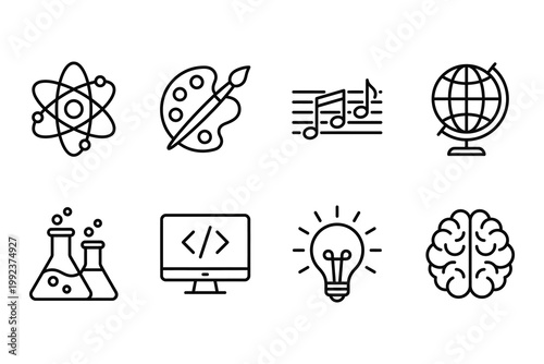 Handdrawn line icons representing science art music geography programming creativity and intelligence in minimalist style