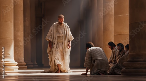 A dramatic moment of joseph revealing his identity in an egyptian hall as his brothers kneel in shock and awe under streaming sunlight and emotional reunion.