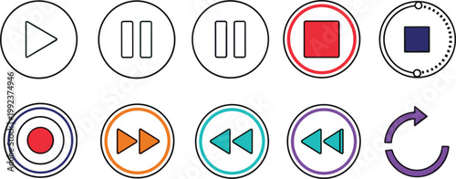 Colorful Media Player Button Vector Icon Set with Play, Pause, Stop, Record, Fast Forward, Rewind, and Replay Controls for App, UI, and Multimedia Interface Design