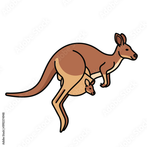 Clean flat vector of a hopping kangaroo with a joey in its pouch, colors, simplified shapes, white backdrop.