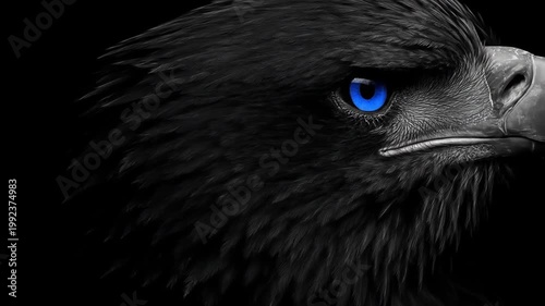 Close up of a dark eagle with striking blue eyes against a black background