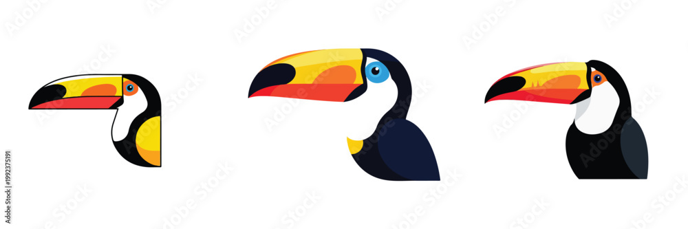 Fototapeta premium Simple flat design of a colorful toucan with a large beak, bold tropical colors, white background.