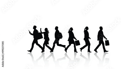 Employees walk in a row to signify progress and collective movement through a corporate environment.