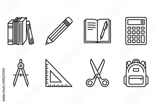 Handdrawn school and office supplies icons including books pencil notebook and backpack vector illustration