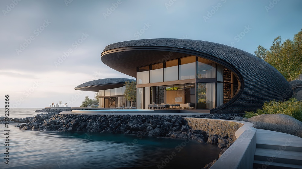 Fototapeta premium Organic coastal pavilion with elliptical shell architecture, cantilevered deck and integrated infinity plunge pool blending indoor and outdoor living.