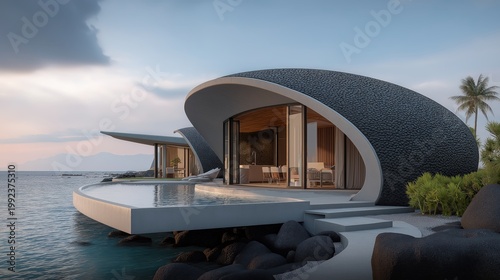 Organic coastal pavilion with elliptical shell architecture, cantilevered deck and integrated infinity plunge pool blending indoor and outdoor living.