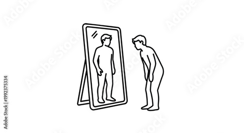 Minimalist line art, self reflection, man looking in mirror, simple illustration, black and white