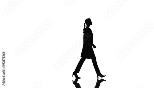 Businesswoman walks forward with a determined stride across a clean and bright white studio background.