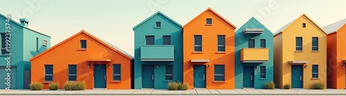 Brightly colored houses line a street in a row