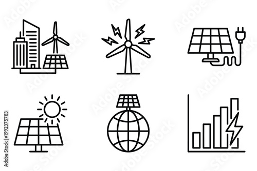Modern renewable energy icons set with solar panels and wind turbines for sustainable technology concepts