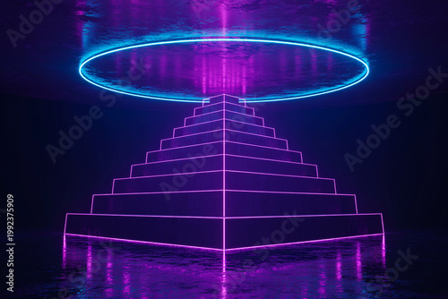 A futuristic neon-lit pyramid structure with a glowing blue ring at the top in a dark room