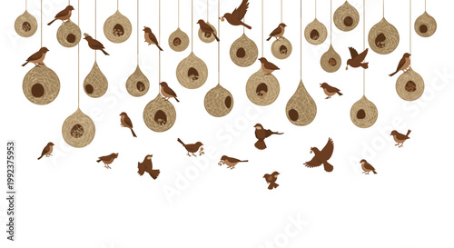 A large collection of woven brown bird nests hangs vertically from invisible lines while many small sparrows fly and interact in the open space.