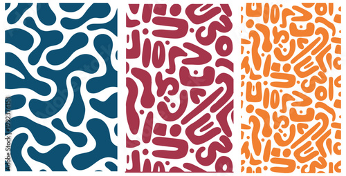 Three abstract seamless patterns featuring organic shapes in deep blue, maroon, and vibrant orange against a crisp white background perfect for modern graphic design and textile applications