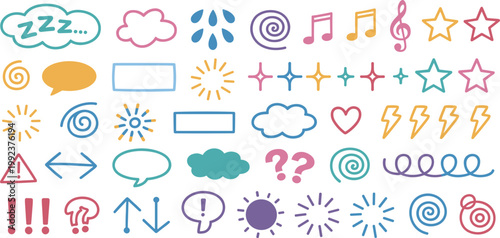 Hand drawn doodle alphabet with colorful weather icons including sun cloud rain snow lightning wind and moon in a simple vector illustration style