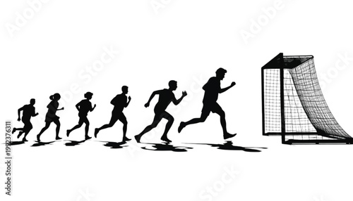 Runners sprint toward a soccer goal post during a competitive training session on a bright white field.
