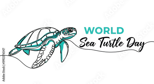 A sea turtle representing marine wildlife conservation efforts flows across the page in a continuous line art style to celebrate the annual awareness event held for the ocean.