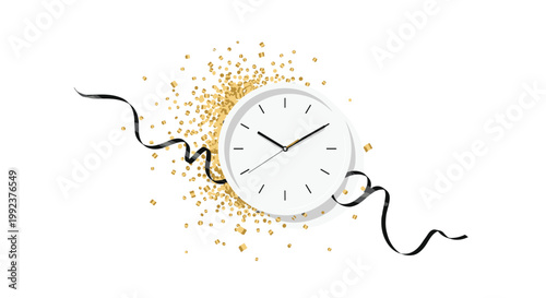 A minimalist white round wall clock is decorated with a festive explosion of shimmering gold confetti and a flowing black silk ribbon on a white field.