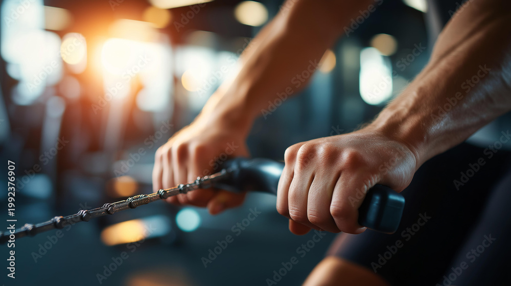 Fototapeta premium Close up of hands gripping the handles of a rowing machine mid pull at a bright fitness center the knuckles showing effort and the chain taut warm gym led lighting