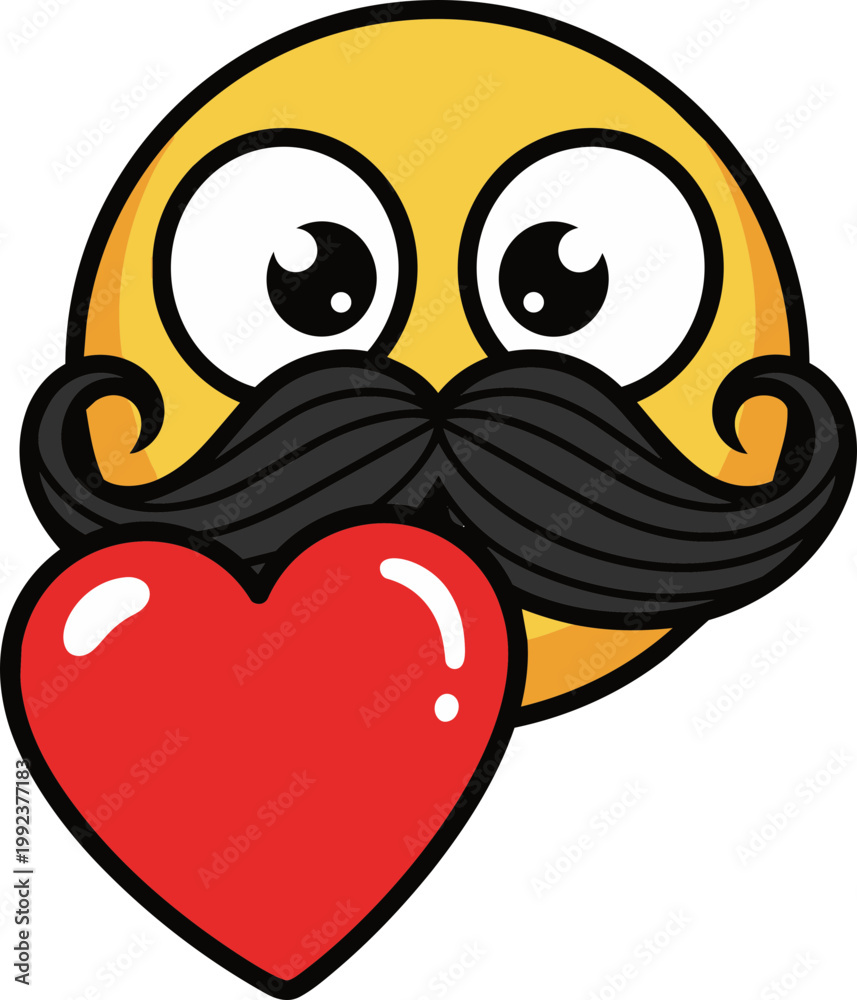 Obraz premium Cute mustache emoji holding red heart isolated transparent background