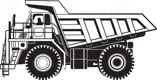 Heavy dump truck for mining and construction, side view outline, industrial vehicle.