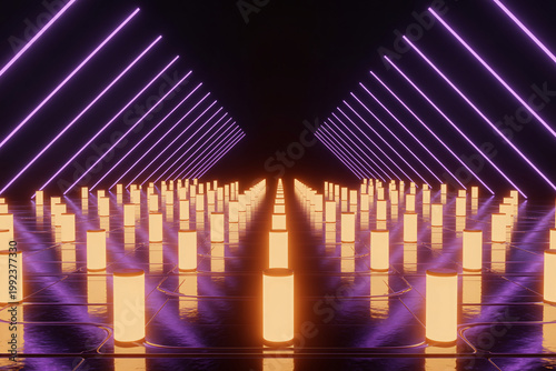 A futuristic room with rows of glowing cylindrical lights and purple beams on the ceiling