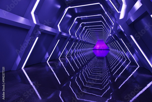 A futuristic purple tunnel with neon lights and a glowing orb at the end