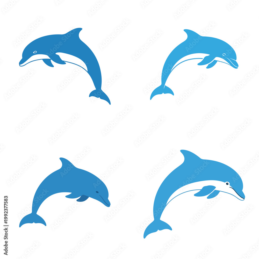 Fototapeta premium Dynamic blue dolphin illustrations showcasing various leaps and swimming poses, symbolizing the grace and freedom of marine life, ideal for diverse aquatic-themed graphic art