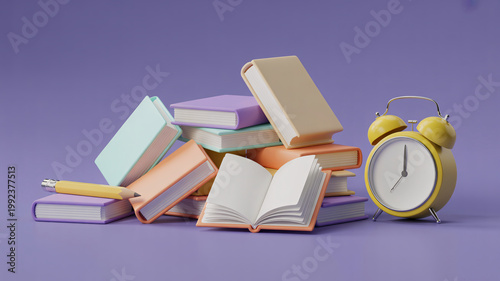 A pile of colorful books and an alarm clock on a purple background