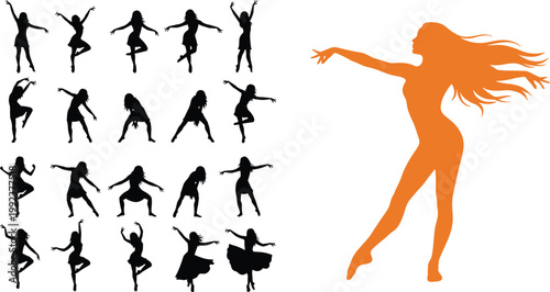 Vector illustration of dancer silhouettes in various poses with large highlighted figure in expressive design
