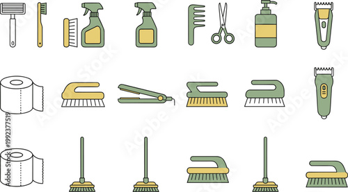 Vector illustration of grooming and cleaning tools including combs, brushes, sprays and mops in hygiene design