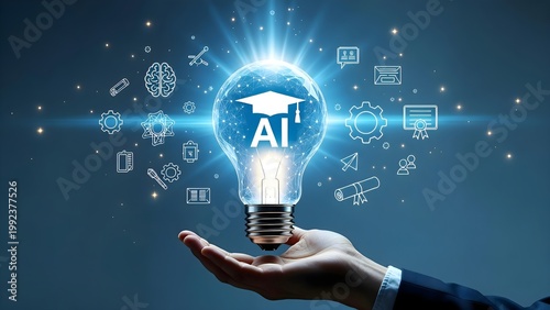 Businessman holding AI light bulb with graduation cap icon, representing artificial intelligence in education, smart learning systems, online courses, digital transformation and e-learning technology.