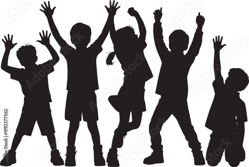 Children silhouettes with hands up, happy excited kids jumping and cheering, diverse group.