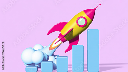 A colorful rocket ship blasts off into the sky above a rising bar graph on a pink background
