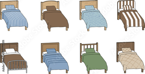 Vector illustration of single beds with different headboards and bedspread patterns in furniture design