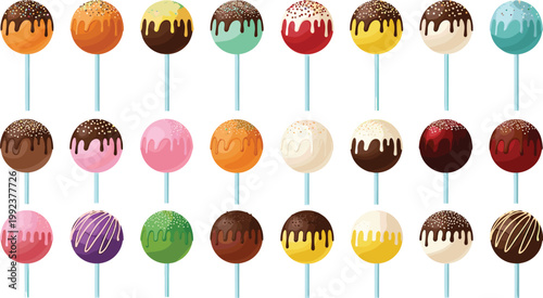 Cake pops vector collection with chocolate and colorful icing toppings, sweet dessert lollipop treats set, bakery confectionery illustration bundle isolated on background