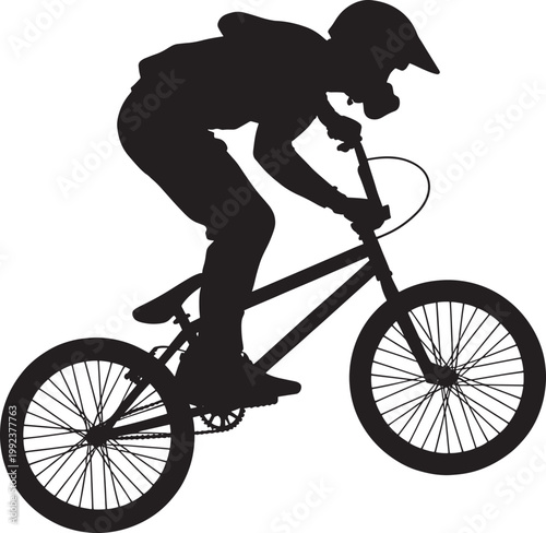 Silhouette of bmx rider performing trick on bicycle, isolated on transparent background, sports action.