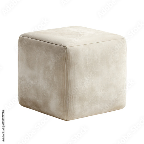 Soft textured beige cube ottoman footrest furniture isolated on a transparent background