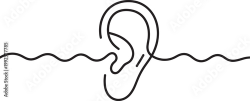 Line art of human ear receiving sound waves, minimalist design, hearing concept, abstract.