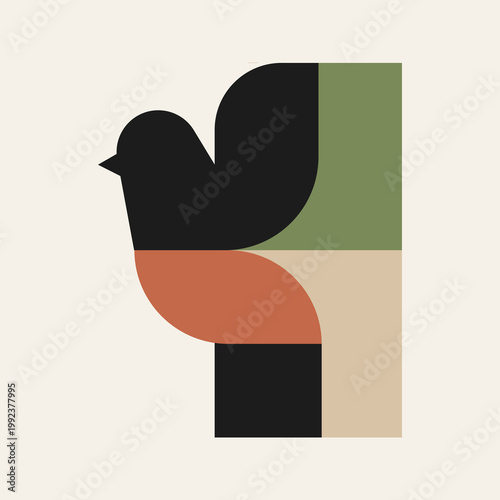 Abstract geometric bird illustration, minimal modern design, mid century style, boho animal art, simple flat shapes, neutral earthy color palette, vector