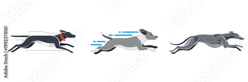 Three stylized greyhounds in motion, captured mid-stride with dynamic motion lines indicating speed and agility