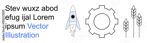 Innovation, technology, agriculture, business, industrial concepts, marketing. Rocket, gear and wheat stalks next to placeholder text. Innovation and technology concept