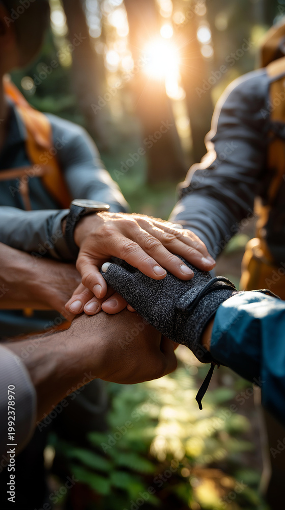 Fototapeta premium Close up of four pairs of hands at a bright summer forest campsite posing for a photo with hiking gear the hands showing backpack straps and trekking gloves warm outdoor
