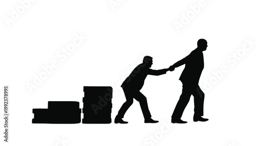 Businessman climbs a staircase of stacked coins with the assistance of another professional partner.