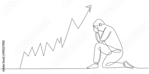 Man kneeling in despair next to rising graph one line drawing