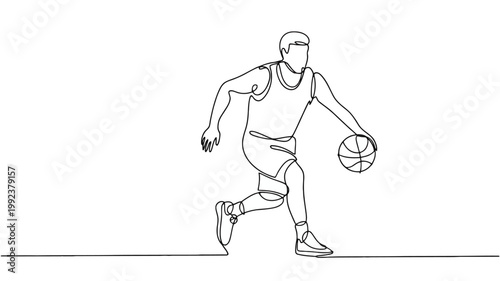 Single line drawing of a basketball player dribbling