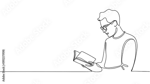 Man wearing glasses reading a book continuous line drawing